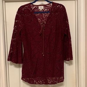 ECI Red Lace Blouse with Tie Front and 3/4 Sleeves